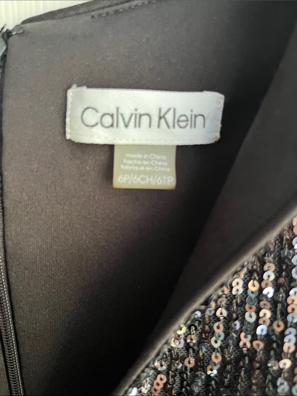 Calvin Klein Black Sequin V-Neck Mini Dress with Sheer Cuffs - Picture 3 of 10